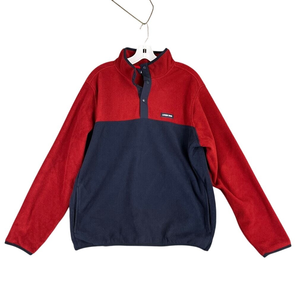 Lands End Mens Fleece Snap Pullover Large Red Navy‎ Outdoor Retro Y2K Core Cozy